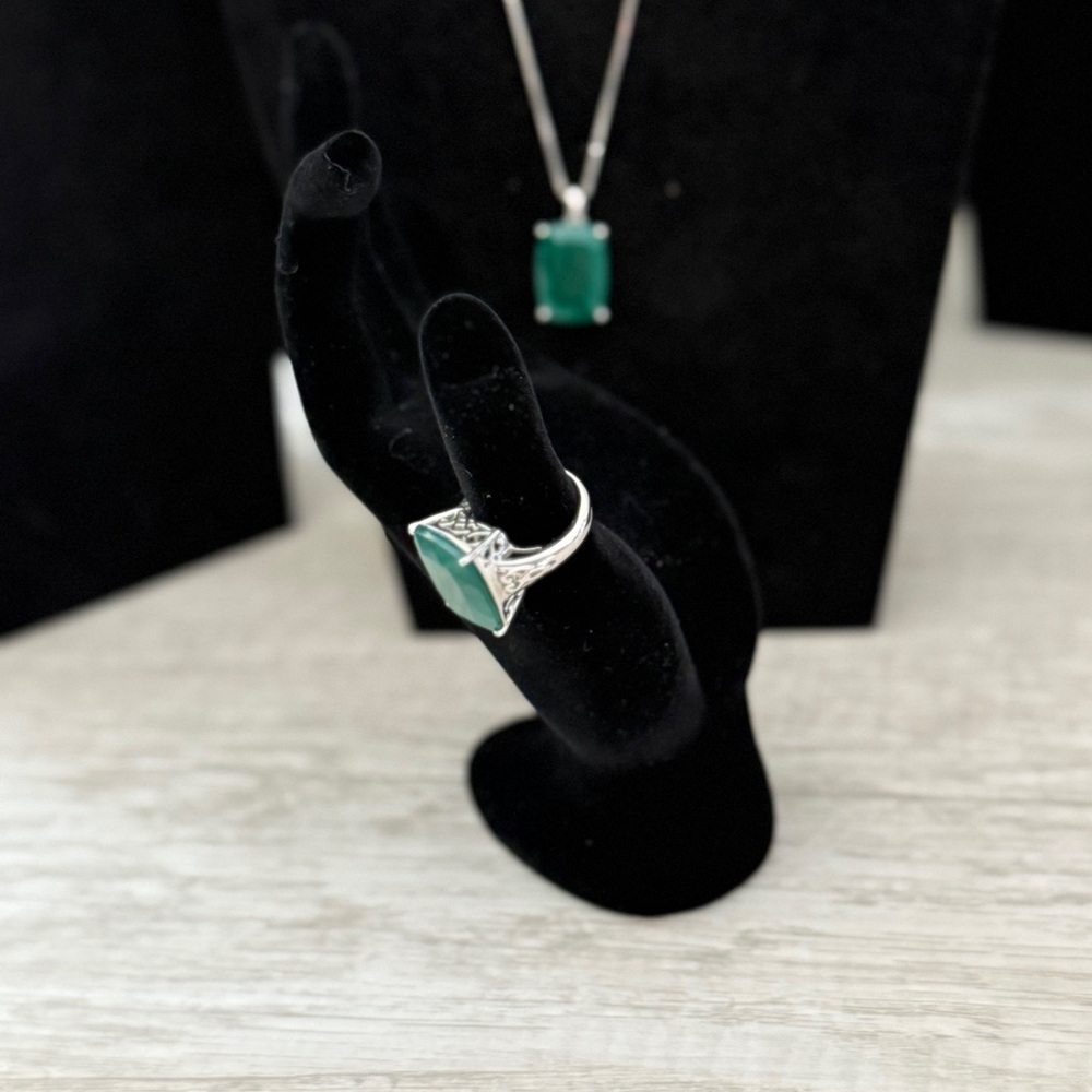 Jtv Ring Rectangular Cushion Green Spinel Rhodium… - image 2